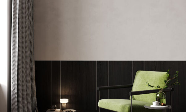 Stylish room interior, console table with decor near wall with g Stylish room interior, console table with decor near wall with green armchair and wooden floor, 3d visualization