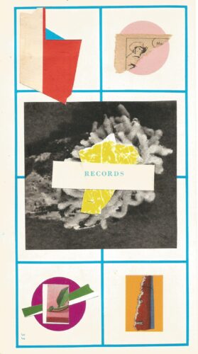Night walk collage 10, a black and white photo pf a seaweed with a yellow paper and the word records and torn paper shapes on cream background