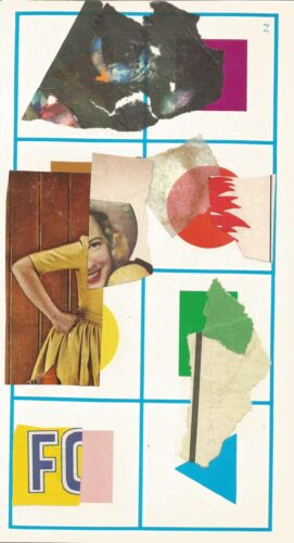 Night walk collage 11, a cowboy girl, and torn paper shapes on cream background