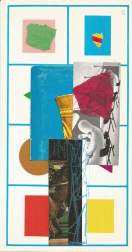 Night walk collage 13, blue crayon and torn paper shapes on cream background