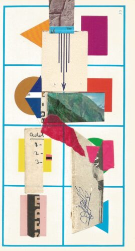 Night walk collage 14, arrows, a signedold paper and a shopping list torn paper shapes on cream background