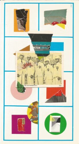 Night walk collage 8, Baseball card with 5 players in yellow tones and torn paper shapes on cream background