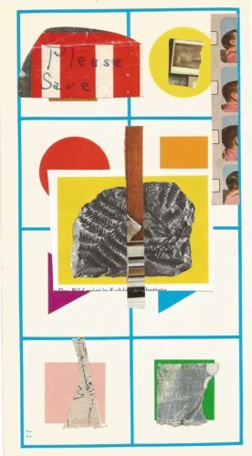 Night walk collage 9, a pieces of paper that says please save, a mineral with a yellow background and torn paper shapes on cream background