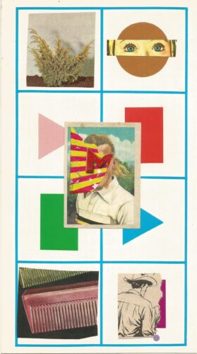 Night walk collage 2, blue eyes, plant, baseball card , comb, cowboy on cream background