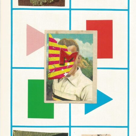 Night walk collage 2, blue eyes, plant, baseball card , comb, cowboy on cream background