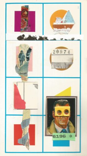 Night walk collage 4, A man with yellow glasses and torn paper shapes on cream background