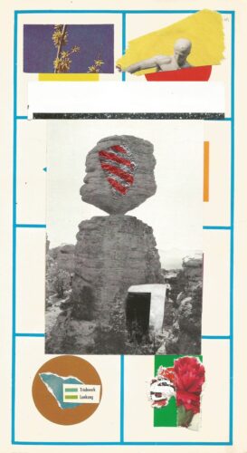 Night walk collage 5, yellow plant, classic greek sculpture, carnation and torn paper shapes on cream background