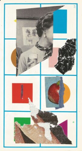 Night walk collage 6, half of the face of a woman in black and white and torn paper shapes on cream background