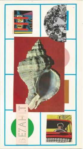 Night walk collage 7, a big shell with red background, a paper that says bezahlt, two comic images of a car and torn paper shapes on cream background