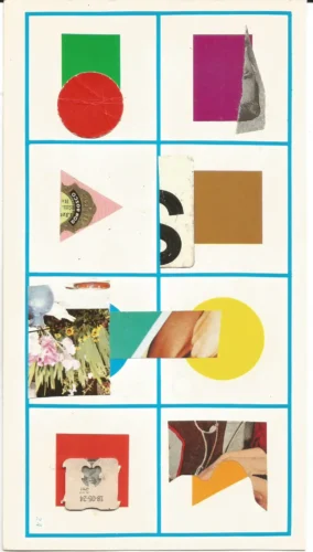 Night walk collage 16, different scraps of paper in contrast with the colorful geometrical shapes of the bingo card