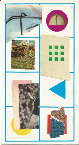 Night walk collage 18, flowers in a garden, a black and white figure throwing a ball and patterned paper scraps over the colorful geometric shapes of the bingo card