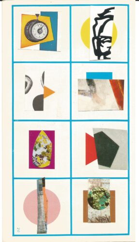 Night walk collage 19, a vintage stopwatch, a black and white sculpted head and abstract torn paper shapes on the colorful geometric shapes of the bingo card