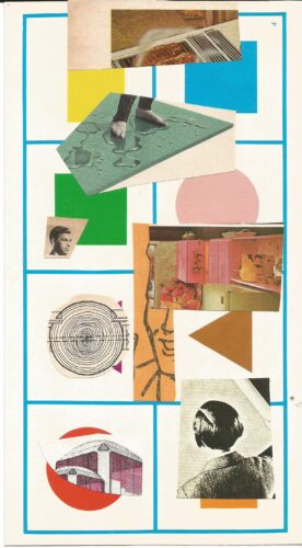 Night walk collage 20, a hand on a green surface, vintage interiors, wood grain and portraits in black and white over the colorful geometric shapes of the bingo card