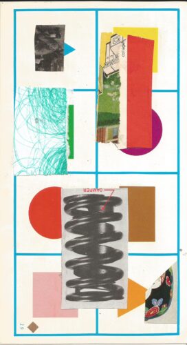 Night walk collage 21, a black and white coil spring, green crayon scribbles, a red striped building and a floral fabric scrap over the colorful geometric shapes of the bingo card