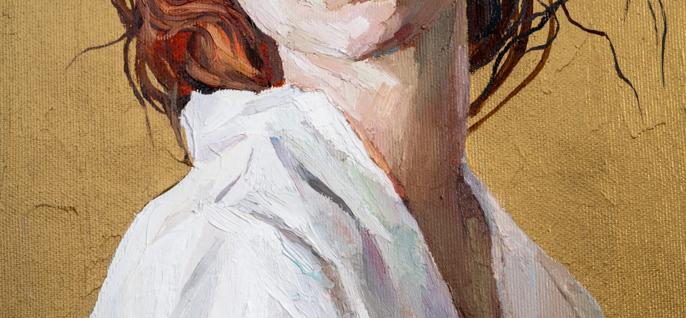 Oil painting. Fragment of portrait of a red-haired girl on a gold background. The art is done in a realistic manner.